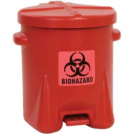 Biohazard Step On Waste Can, 6 Gallon Capacity, Polyethylene, Red, 13 1/2 in Width x 16 in Height