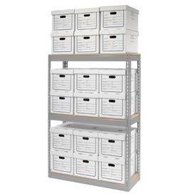 Record Storage Rack With 18 Boxes, 42W x 15D x 60H, Gray