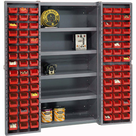 16 Gauge Cabinet with Shelves & 96 Red Bins - Gray