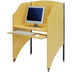 Single Privacy Study Carrel, Teak, 32-3/4inW x 24-1/2inD x 48inH