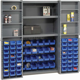 Deep Door Bin Cabinet with 72 Blue Bins & Shelves Assembled - Gray - 16 gal