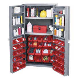 Deep Door Bin Cabinet with 72 Red Bins & Shelves & Unassembled - Gray - 16 gal