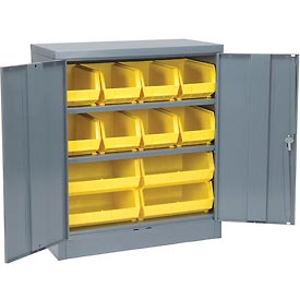 Global Industrial 500135 36 x 18 x 42 in. Locking Storage Cabinet with 18 Yellow Stacking Bins & 2 Shelves Unassembled, Gray