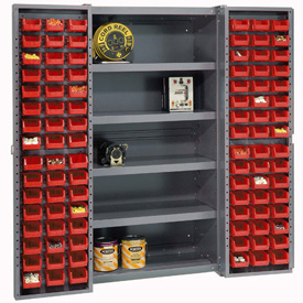 Global Industrial 662152RD 38 x 24 x 72 in. Deep Door Bin Cabinet with 96 Red Bins, Shelves & Unassembled, Gray - 16 gal