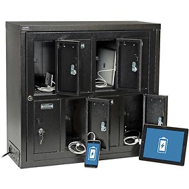Tablet & Cell Phone Charging Locker with 8 Door Keyed Lock Hasp & Master Door Open - Black