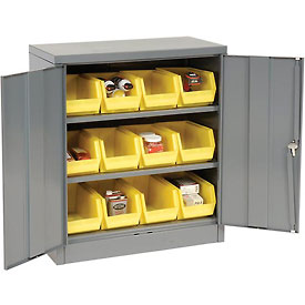 Global Industrial 500134 36 x 18 x 42 in. Locking Storage Cabinet with 12 Yellow Stacking Bins & 2 Shelves Unassembled, Gray