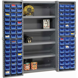 Deep Door Bin Cabinet with 96 Blue Bins & Shelves Assembled - Gray - 16 gal