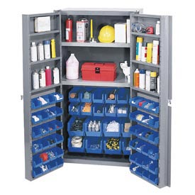 Deep Door Bin Cabinet with 64 Blue Bins & Shelves Unassembled - Gray - 16 gal
