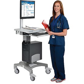 Mobile Standing Point of Care Medical Workstation & Computer PC Cart with Height Adjustable Pneumatic - Gray