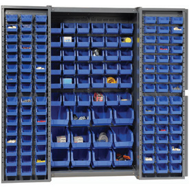 Bin Cabinet Deep Door with 144 Blue Bins - Gray - 38 x 24 x 72 in.