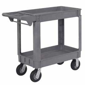 Small Deluxe 2 Shelf Plastic Utility & Service Cart with 6 in. Pneumatic Casters - Gray - 6 in.