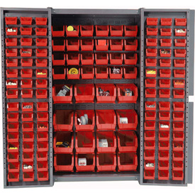 Bin Cabinet Deep Door with 136 Red Bins - Gray