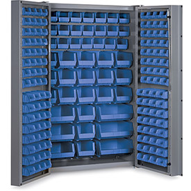 Picture of Durham Manufacturing DC48-176-5295G 48 x 24 x 72 in. Bin Cabinet Deep Door with 176 Blue Bins&#44; 16 gauge All-Welded Cabinet&#44; Gray