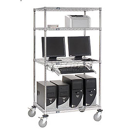 4-Shelf Mobile Wire Computer LAN Workstation with Keyboard Tray - Chrome - 36 x 24 x 69 in.