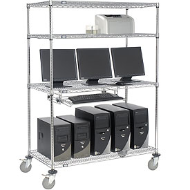 250116 4-Shelf Mobile Wire Computer LAN Workstation with Keyboard Tray, Chrome - 48 x 24 x 69 in.