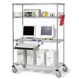 250198 4-Shelf Mobile Wire Computer LAN Workstation with Keyboard Tray, Chrome - 72 x 24 x 69 in.