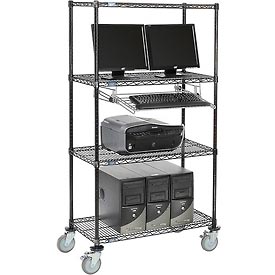 250113BK 4-Shelf Mobile Wire Computer LAN Workstation with Keyboard Tray, Black - 36 x 18 x 69 in.