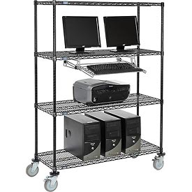 250114BK 4-Shelf Mobile Wire Computer LAN Workstation with Keyboard Tray, Black - 48 x 18 x 69 in.