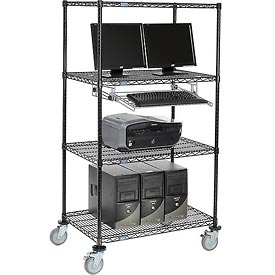 250115BK 4-Shelf Mobile Wire Computer LAN Workstation with Keyboard Tray, Black - 36 x 24 x 69 in.