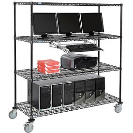 250197BK 4-Shelf Mobile Wire Computer LAN Workstation with Keyboard Tray, Black - 60 x 24 x 69 in.