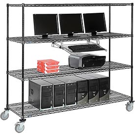 250198BK 4-Shelf Mobile Wire Computer LAN Workstation with Keyboard Tray, Black - 72 x 24 x 69 in.