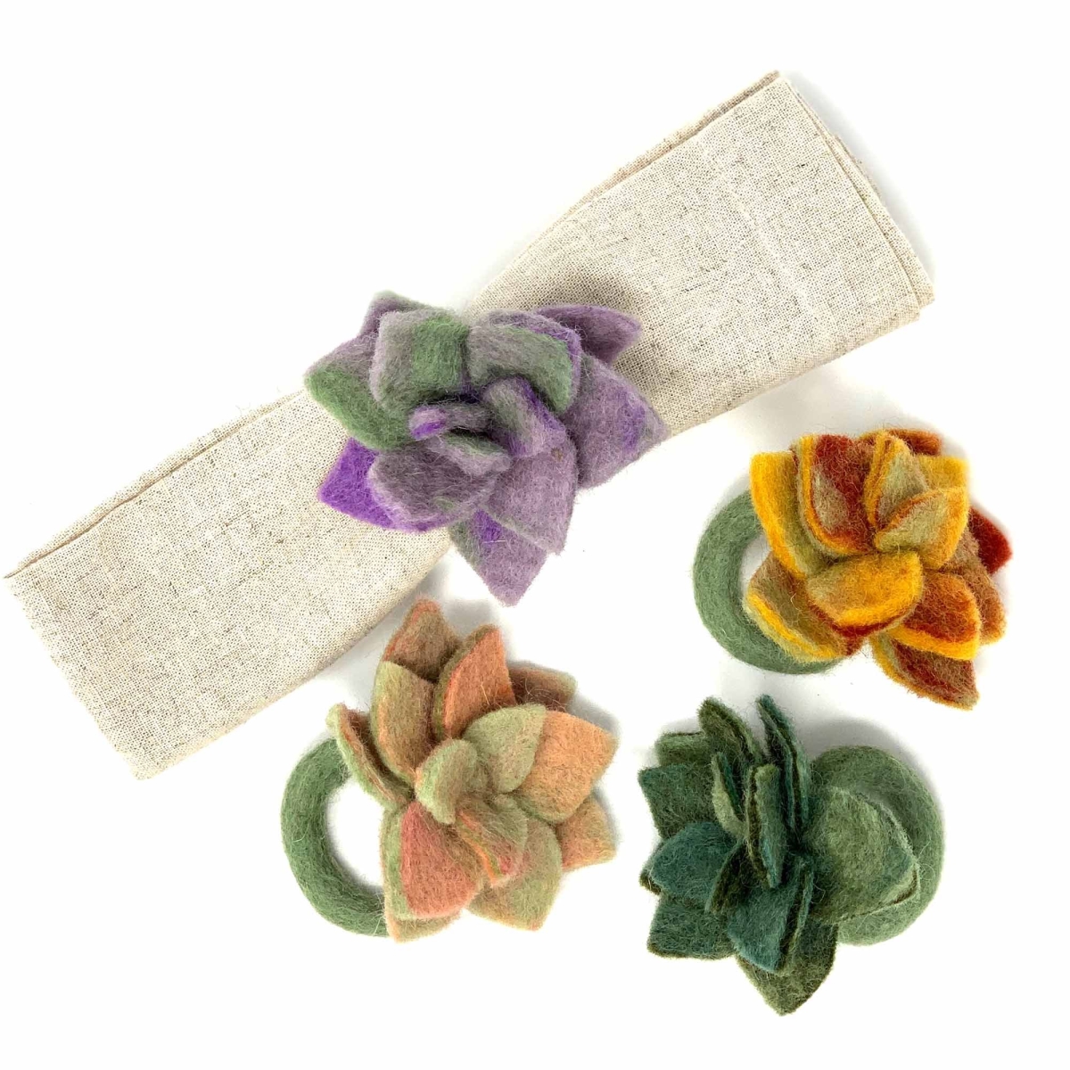 Picture of Global Groove GLG70019-0X-K4-A Hand-Felted Succulent Napkin Rings&#44; Assorted Color - Set of 4
