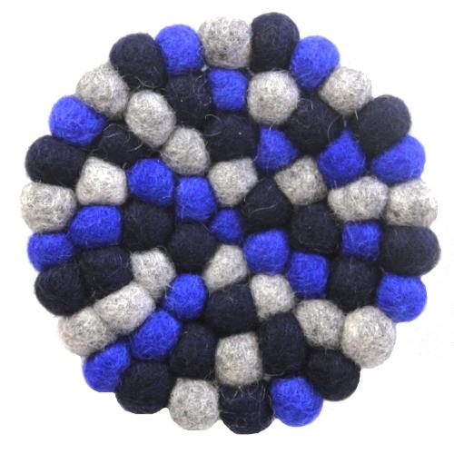 GLG50058-06L Round Hand Crafted Felt Ball Trivets from Nepal, Dark Blues