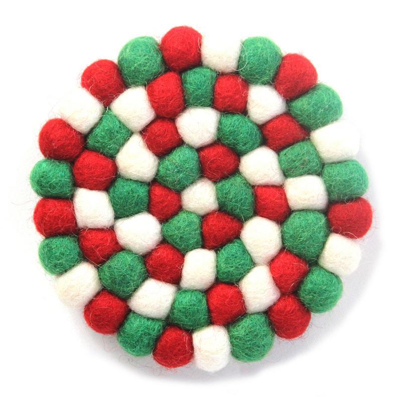 Picture of Global Groove GLG50058-10S-S4 White Christmas Hand Crafted Felt Ball Coasters from Nepal - Multicolor - Pack of 4