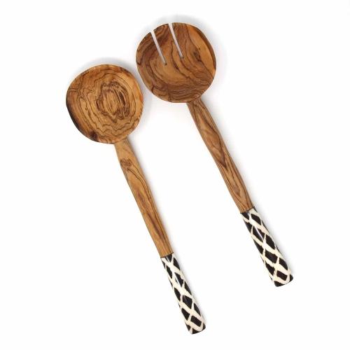 Picture of Jedando KWF009-DMD 11 in. Olive Serving Set with Batik Bone Handles