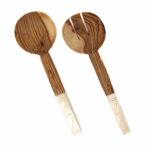 Picture of Jedando KWF009WS Olive Wood Salad Servers with Bone Handles, White with Square Design