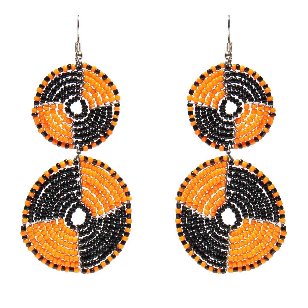 KWJ2XCE-OB Maasai Bead Double Circle Dangle Earrings, Orange & Black