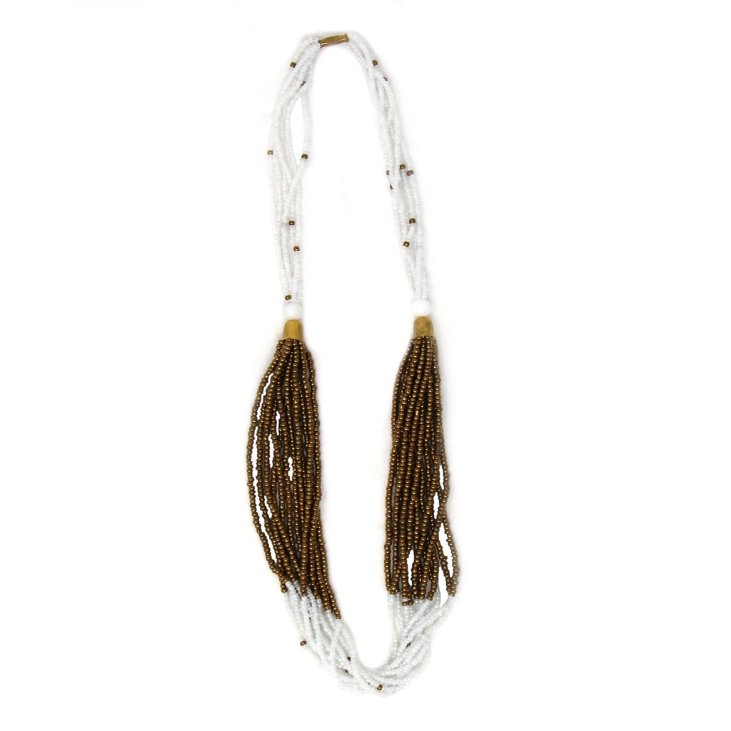 KWJSN01-CR Multistrand Maasai Bead Necklace, White & Gold