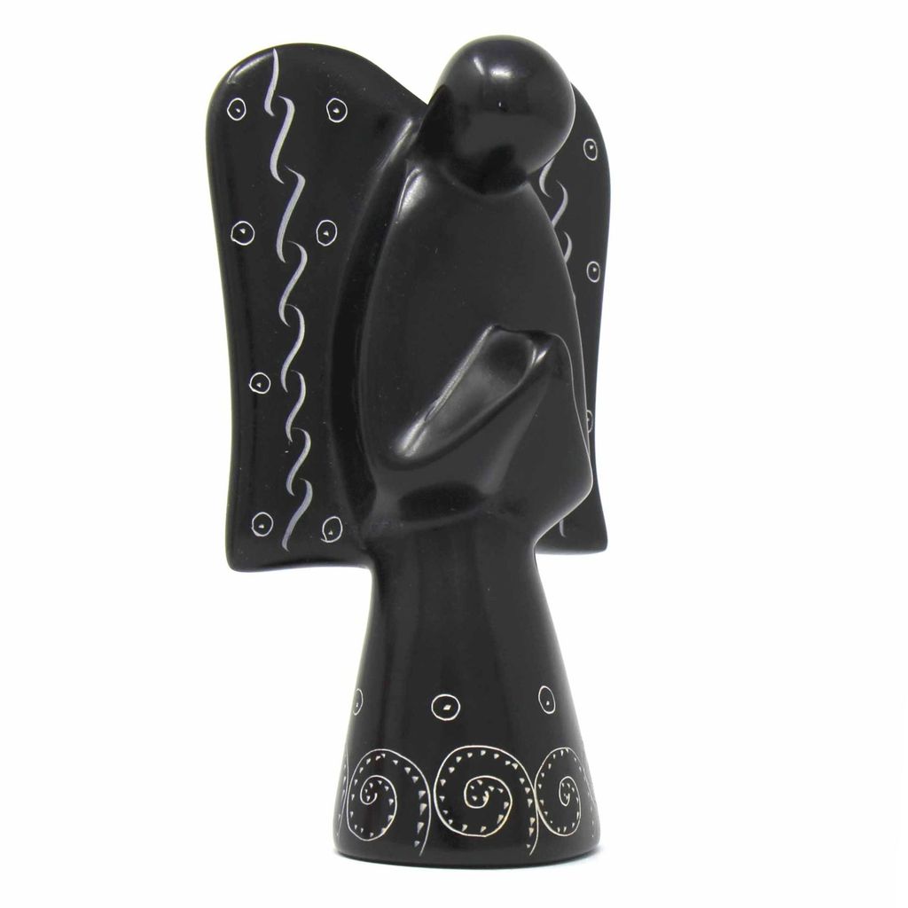KSAANG-BK Soapstone Angel Sculpture, Black with Etch Design