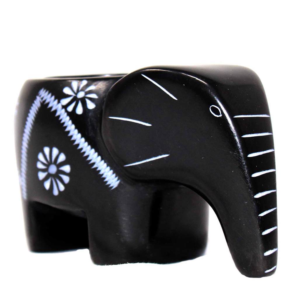 KSAETL-BK Elephant Soapstone Tea Light, Black with Etch Design