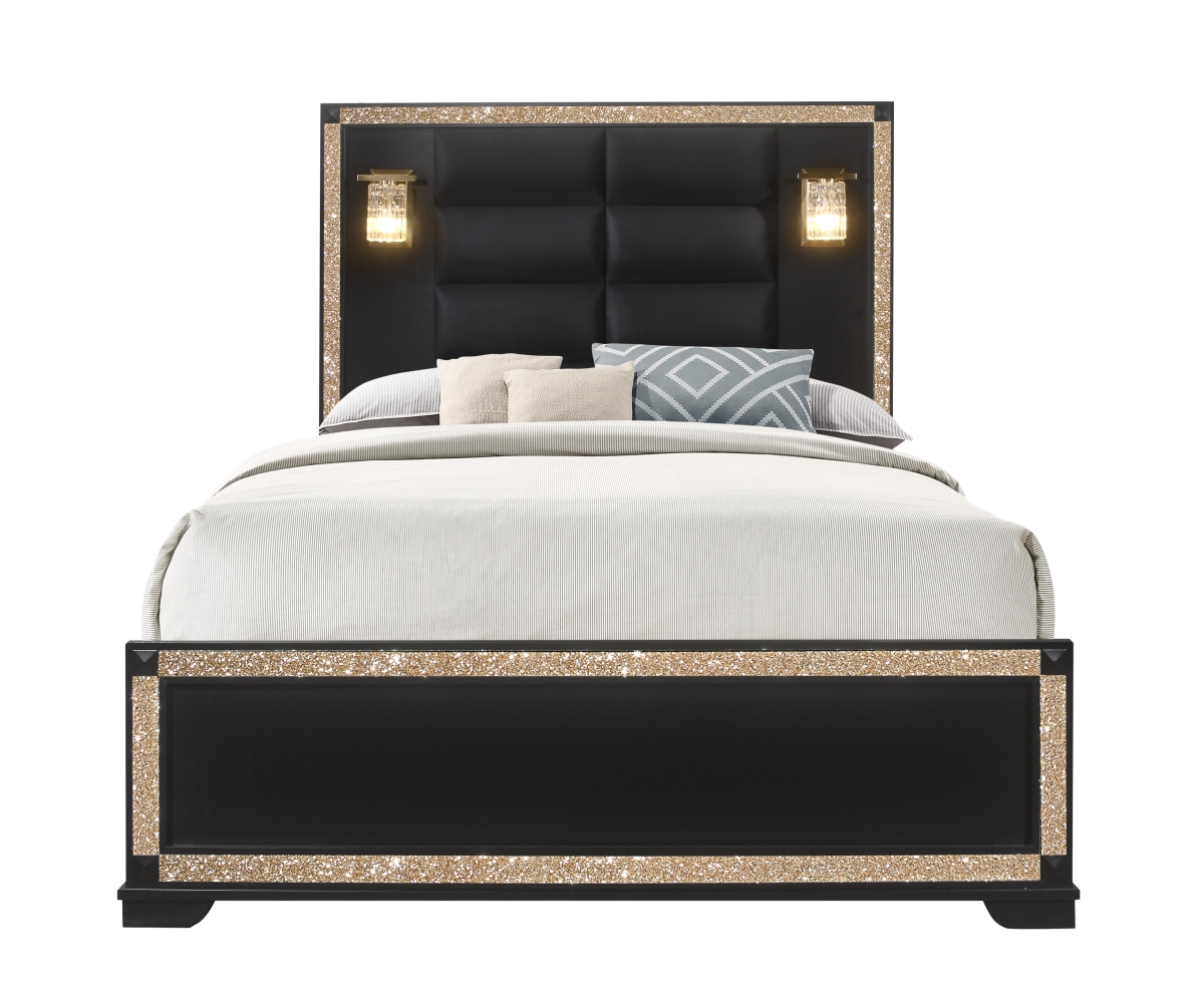 BLAKE-BLACK-GOLD-QB W- LAMPS Blake Black & Gold Queen Size Bed with Lamps -  Global Furniture USA, BLAKE-BLACK/GOLD-QB W/ LAMPS