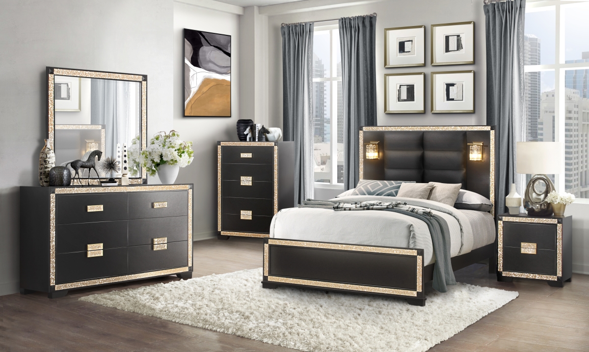 BLAKE-BLACK-GOLD-QBG Blake Black & Gold Queen Size Bed Group with Lamps -  Global Furniture USA, BLAKE-BLACK/GOLD-QBG