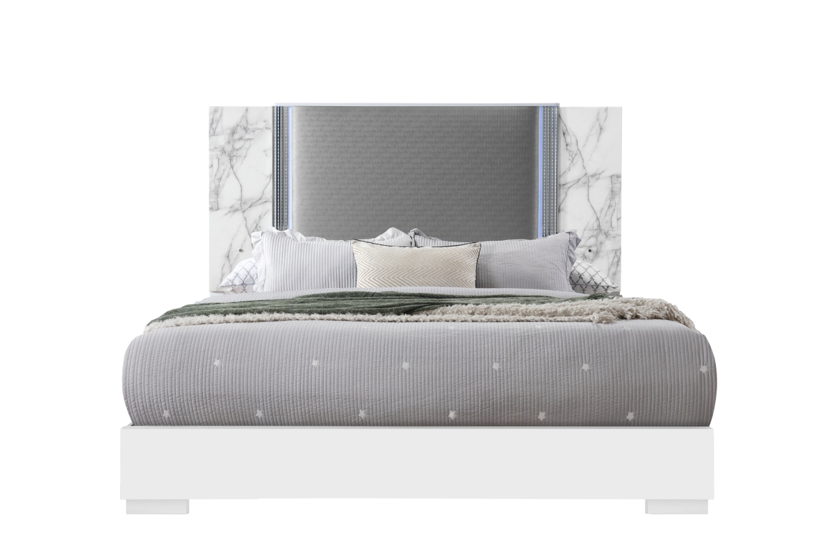 YLIME-WHITE MARBLE-KB W- LED Ylime White & Marble King Size Bed with LED -  Global Furniture USA, YLIME-WHITE MARBLE-KB W/ LED
