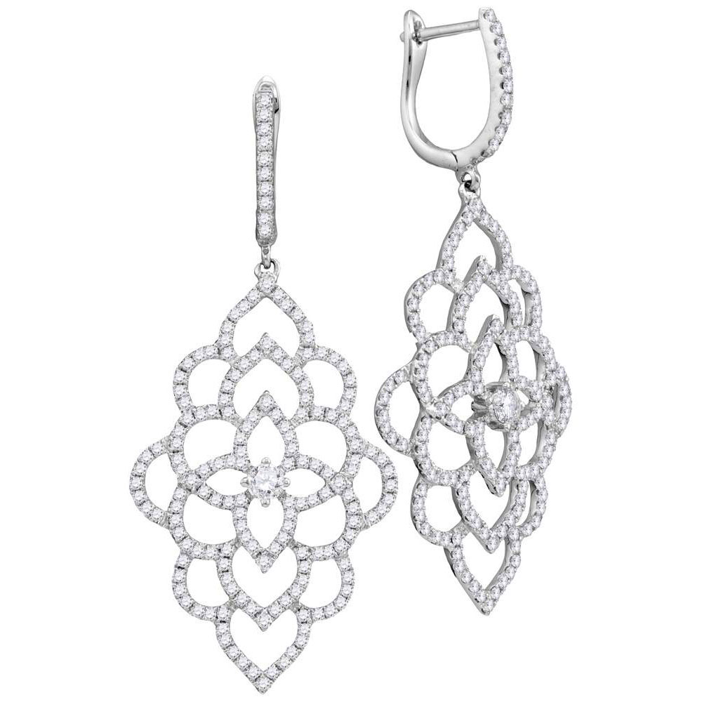 108316 18KT White Gold Round Diamond Petals Cocktail Dangle Earrings for Women - 1 & 0.375 CTTW -  GND