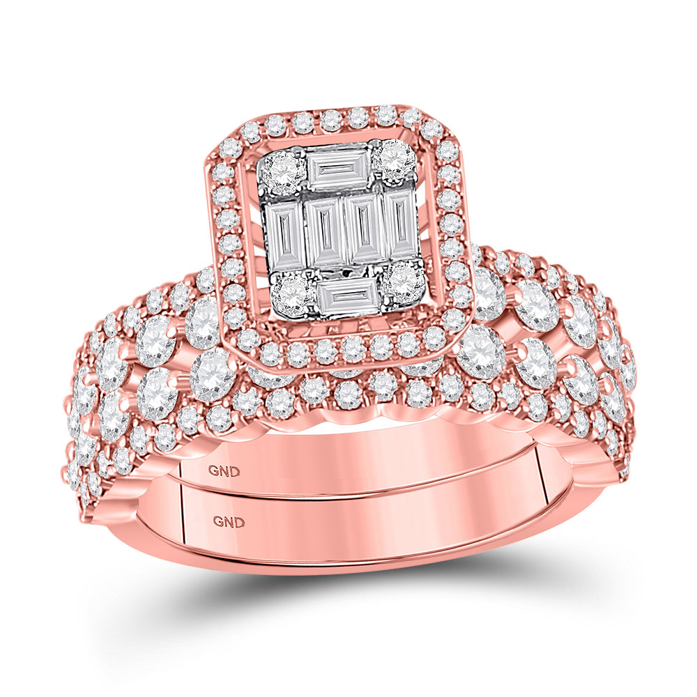 Picture of GND 152659 14KT Rose Gold Baguette Diamond Bridal Wedding Ring Set - 1 & 0.875 CTTW