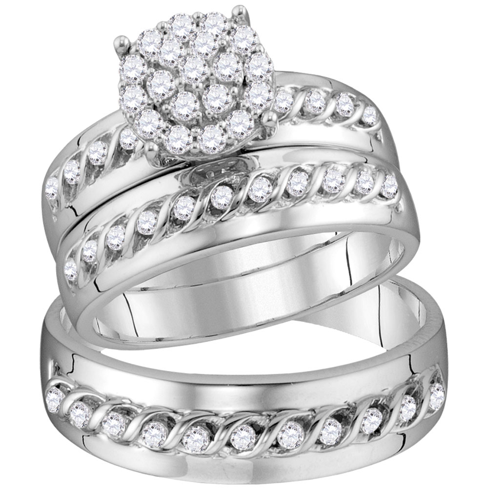 113172 7 g 10KT White Gold Round Diamond Cluster Matching Wedding Ring Set - 0.75 CTTW - Size 7 -  GND
