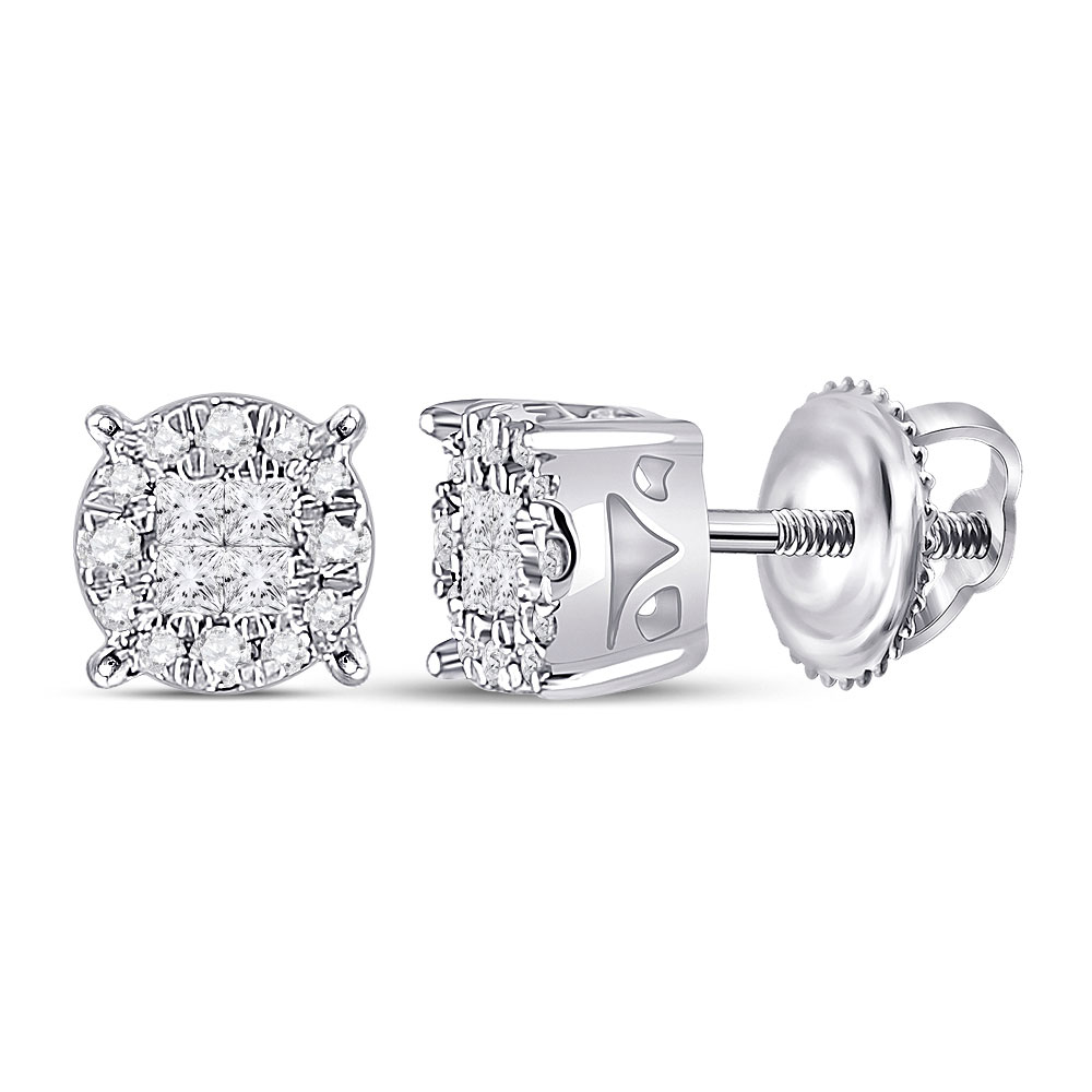 150318 14KT White Gold Princess Diamond Fashion Cluster Earrings for Women - 0.166 CTTW -  GND