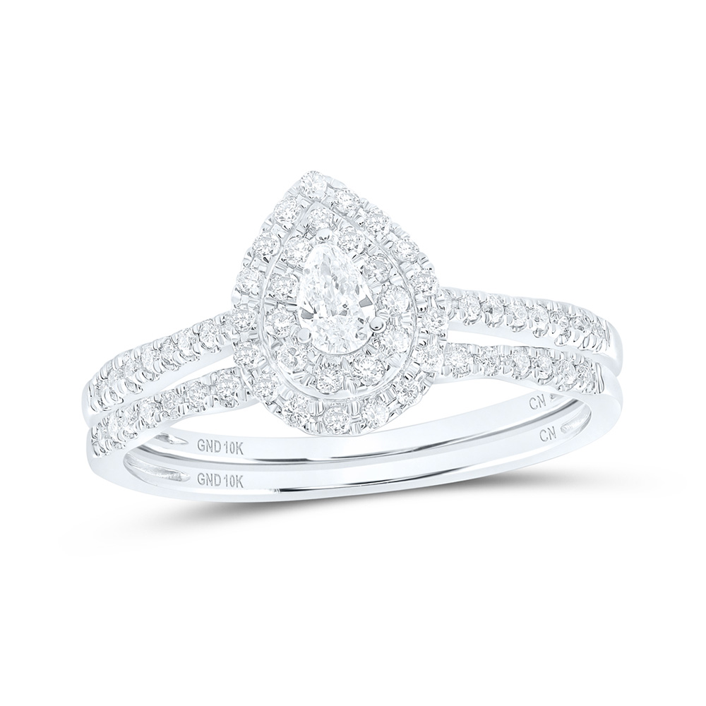 Picture of GND 165731 10K White Gold Pear Diamond Halo Bridal Wedding Ring Set - 0.375 CTTW