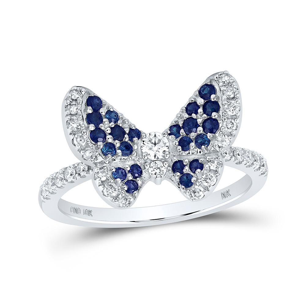 168306 10K White Gold Round Blue Sapphire Diamond Butterfly Ring - 0.625 CTTW -  GND