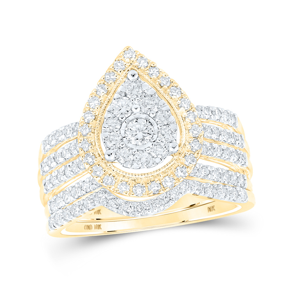 167154 10K Yellow Gold Round Diamond Pear-Shape Bridal Wedding Ring Set - 1 CTTW -  GND