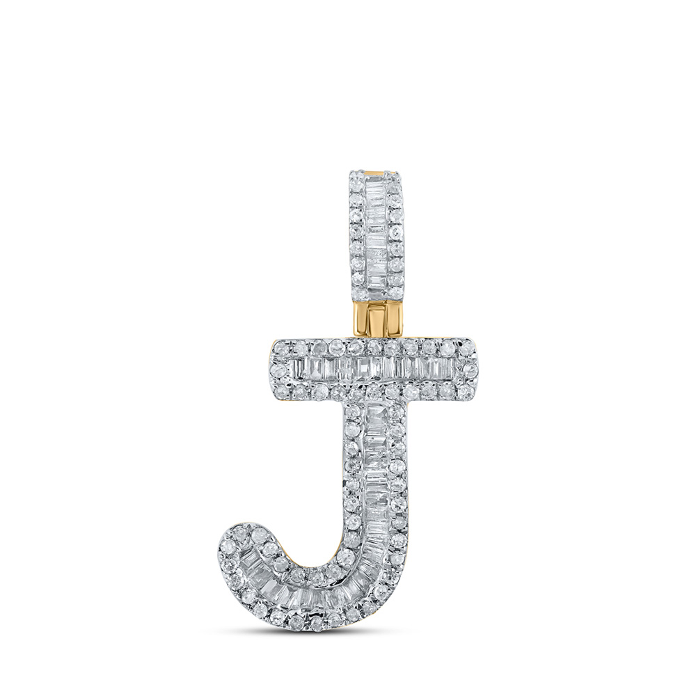 163220 10K Yellow Gold Baguette Diamond J Initial Letter Pendant - 0.375 CTTW -  GND