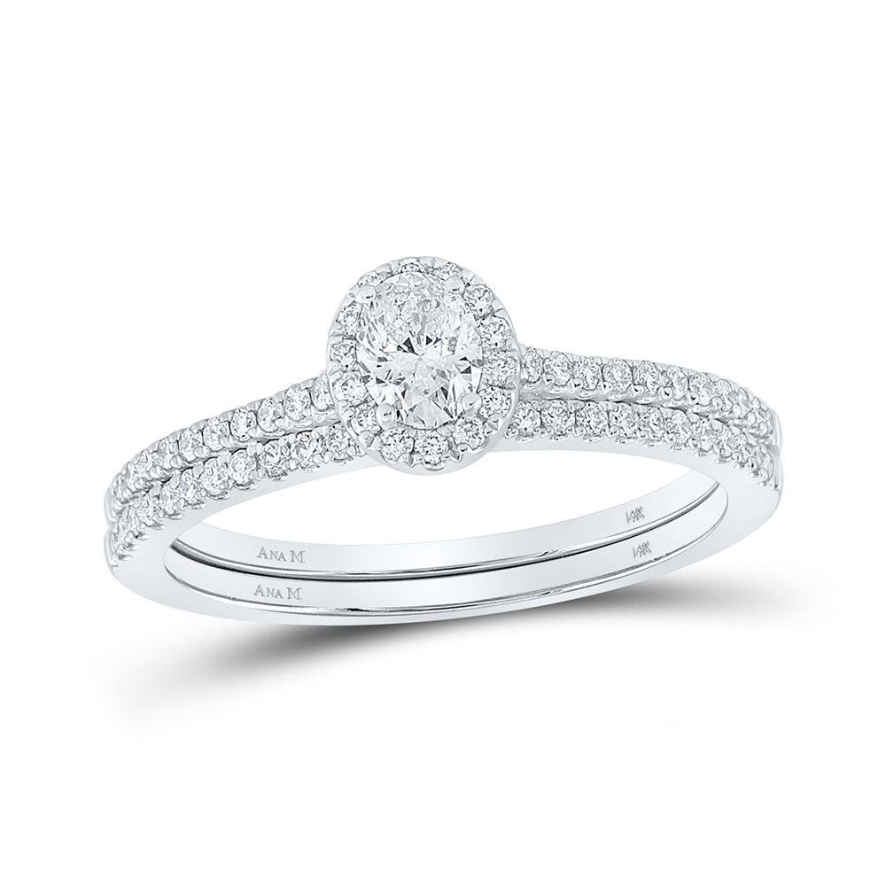 163735 14K White Gold Oval Diamond Halo Bridal Wedding Ring Set - 0.625 CTTW -  GND