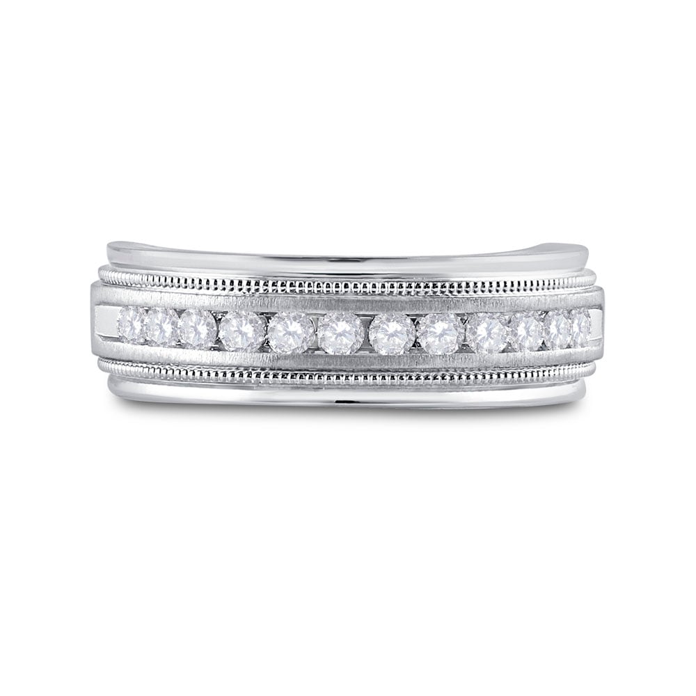 107530 0.5 CTW 10KT White Gold Mens Round Channel-Set Diamond Milgrain Edge Wedding Band Ring, Size 10 -  GND