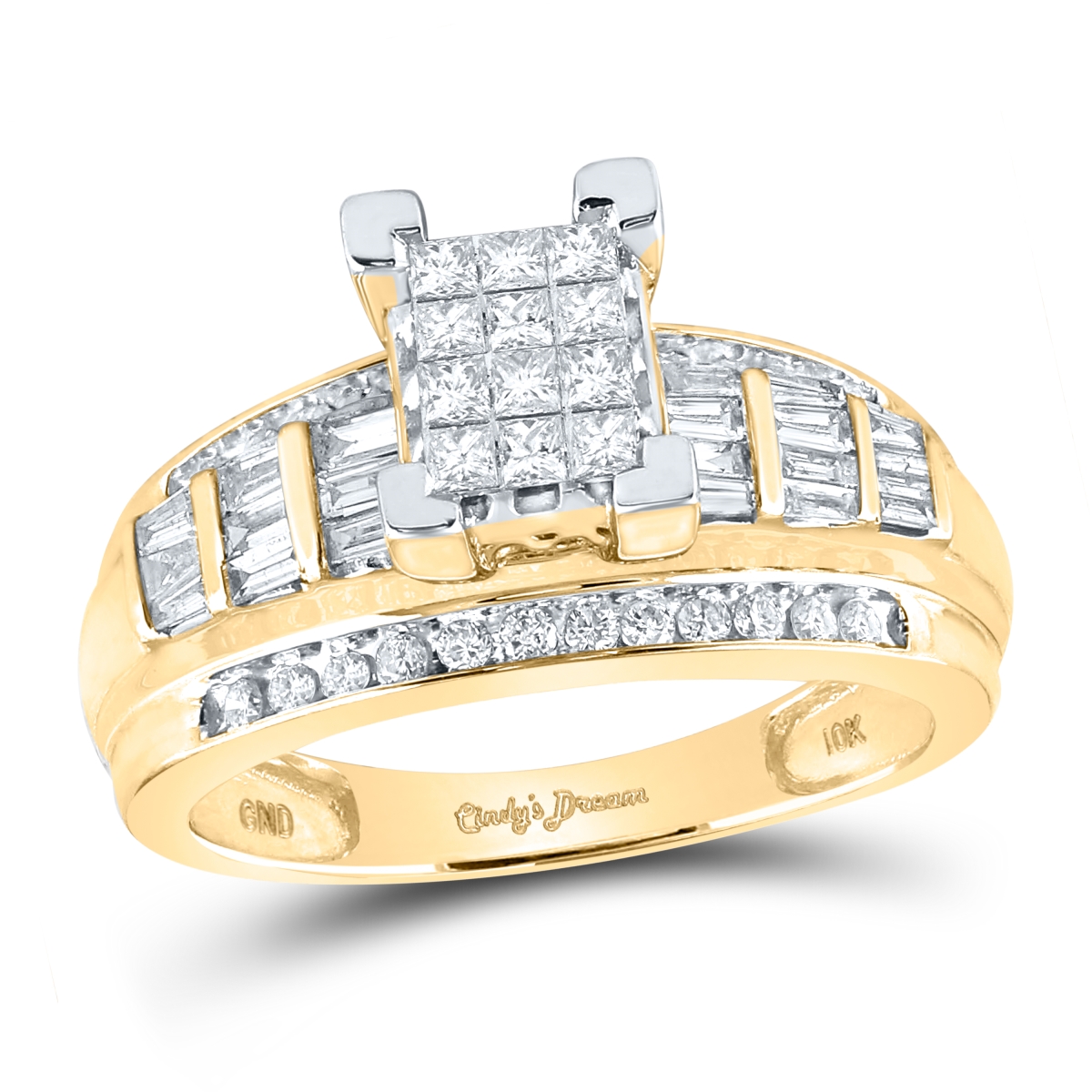 Picture of GND 81270 10KT Yellow Gold Womens Princess Diamond Cindys Dream Cluster Bridal Wedding Engagement Ring - 0.875 CTTW - Size 6