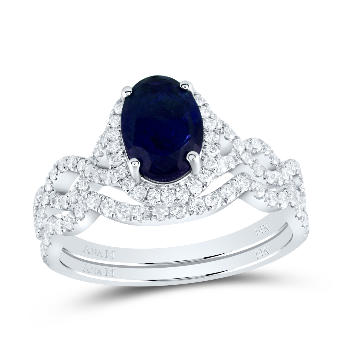 Picture of Gold N Diamonds 184287 0.62 CTW 14K White Gold Diamond ANA M 8 x 6 mm Oval Blue Sapphire Natural Gem Single Halo Bridal Ring Set