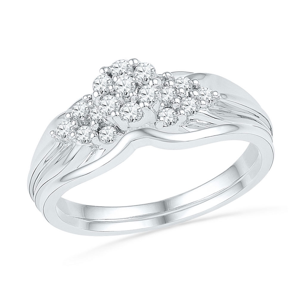 101565 0.33 CTW 10K White Gold Womens Round Diamond Cluster Bridal Wedding Engagement Ring Band Set - Size 7 -  Gold N Diamonds